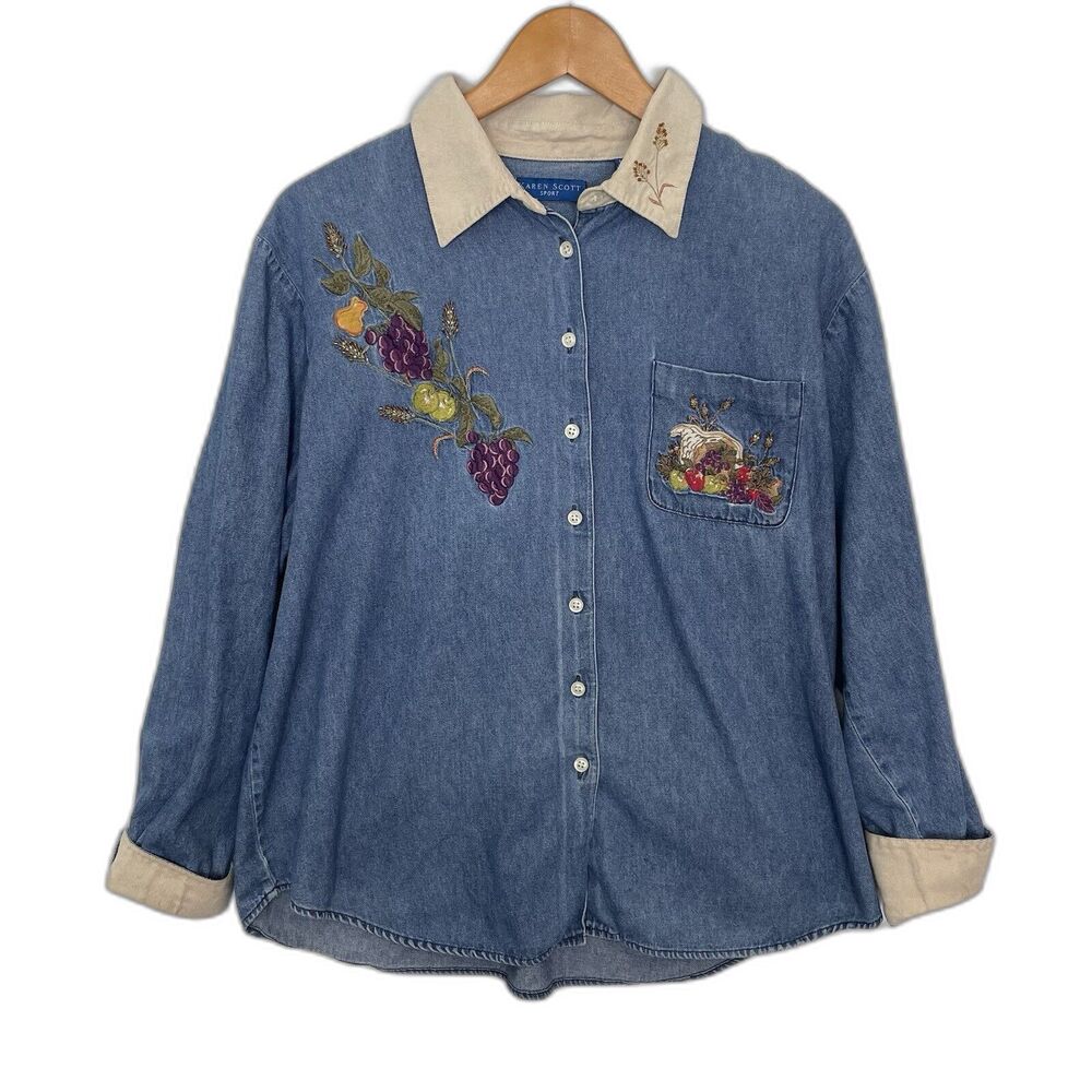 Vintage 90s Fall Harvest Embroidery Beaded ButtonUp Suede Collar Sz L Cornucopia